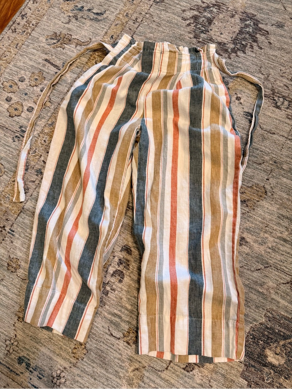 Madewell Striped Linen Drawstring Pants in Cream, Tan, Rust & Dark Green